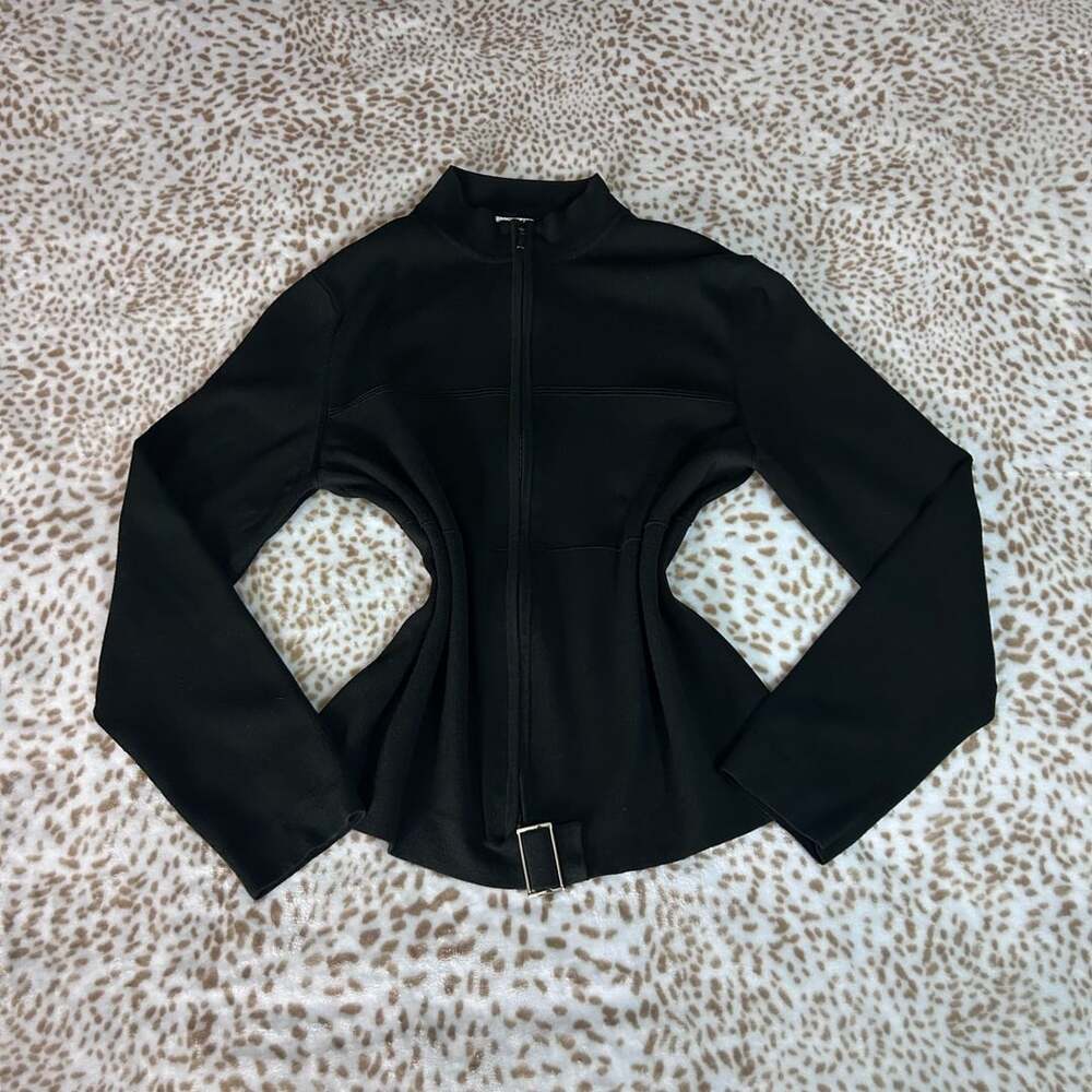 Ann Taylor LOFT Cardigan Size XL Black Zip Up Peplum Mock Neck Jacket